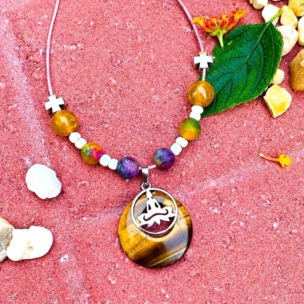 Tigers Eye Yoga Gemstone Leather Adjustable Necklace